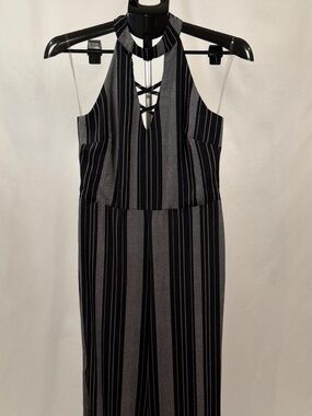 Crystal Doll Black White Striped Halter Jumpsuit Wide Leg Goth Minimalist Chic